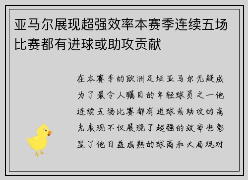 亚马尔展现超强效率本赛季连续五场比赛都有进球或助攻贡献